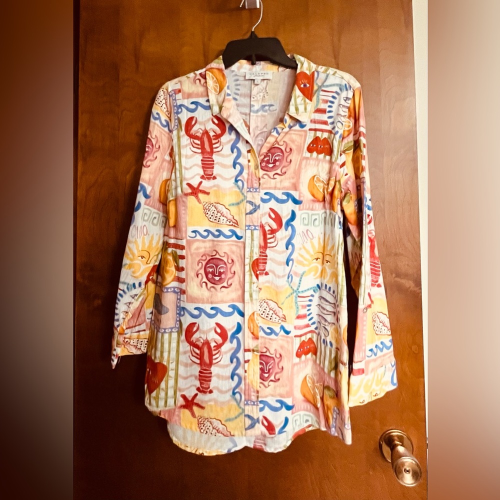 CALYPSO ST BARTH NWOT Ladies tropical print button down collared tunic shirt - Picture 7 of 11